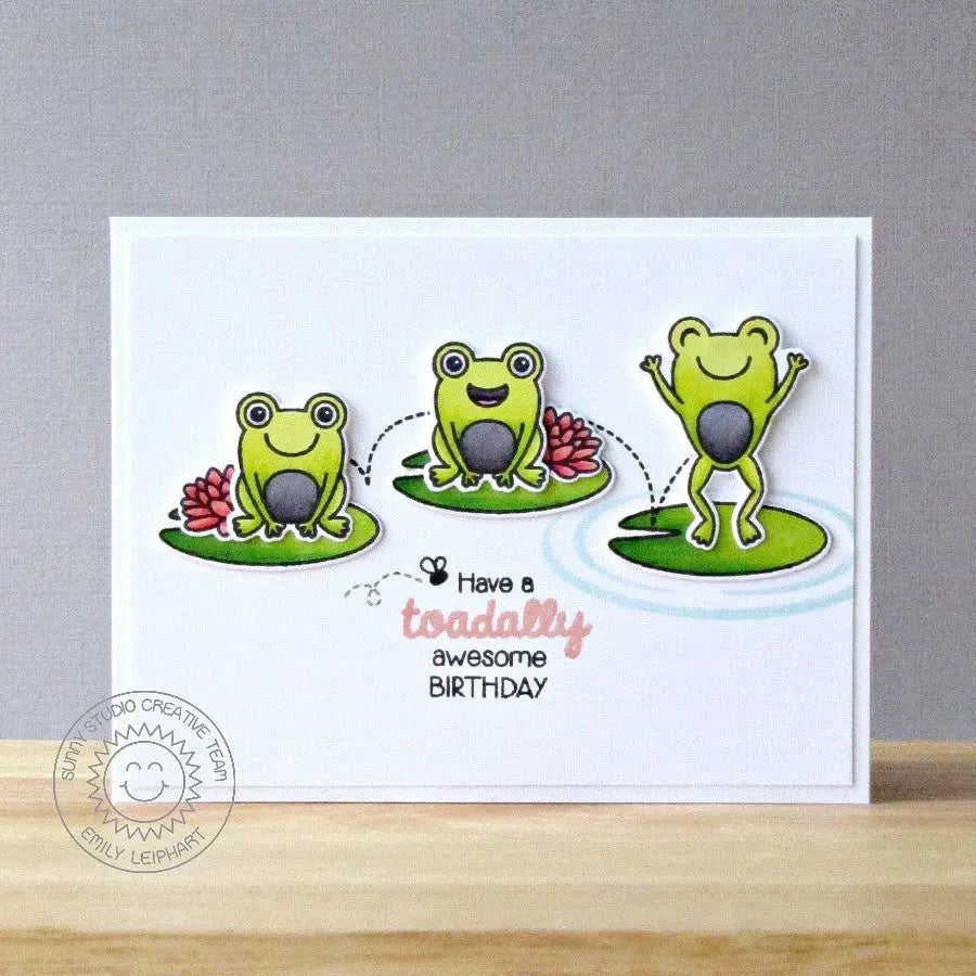 Sunny Studio Toadally Awesome Birthday Punny Frogs on Lily Pads CAS Punny Card (using Froggy Friends 4x6 Clear Stamps)