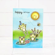 Sunny Studio Frogs with Lily Pads, Cattails, Bee & Sunshine Hoppy Birthday Punny Card (using Froggy Friends 4x6 Clear Stamps)