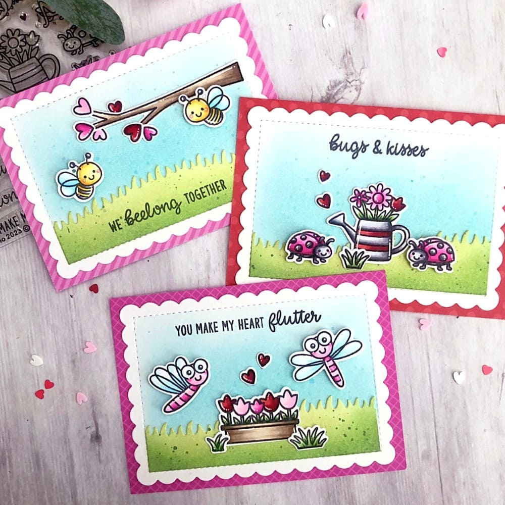 Sunny Studio Punny Bugs Kids Scalloped Valentine's Day Card Set (using Garden Critters 4x6 Clear Stamps)