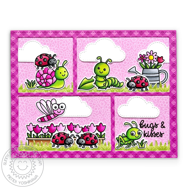Sunny Studio Hot Pink & Lime Green Bugs & Kisses Comic Strip Valentine's Day Card using Garden Critters 4x6 Clear Stamps