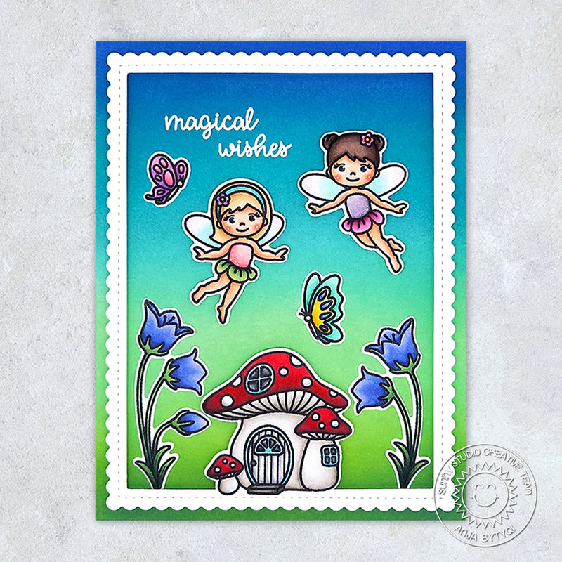 Sunny Studio Magical Wishes Fairies with Butterflies & Toadstool House Handmade Card (using Garden Fairy 4x6 Clear Stamps)