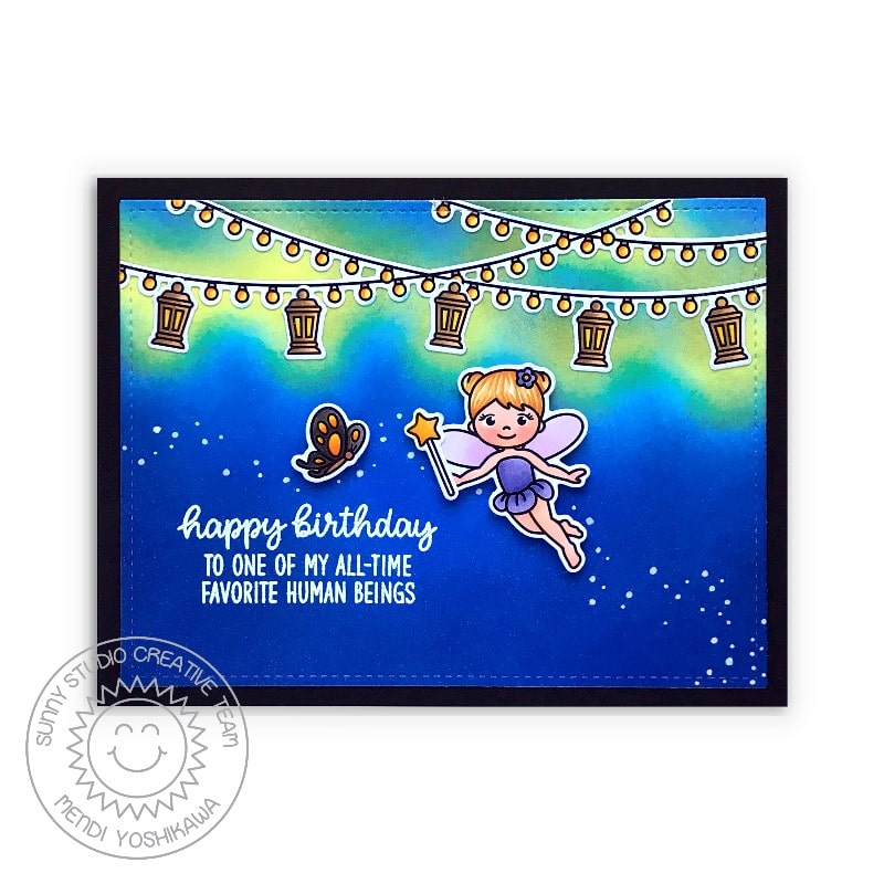 Sunny Studio Happy Birthday to One of My All-time Favorite Human Beings Hanging Lantern Pixie Dust Card (using Garden Fairy Clear Stamps)