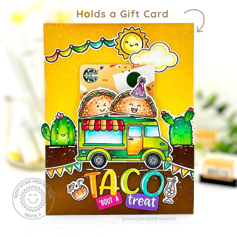 Sunny Studio Punny Colorful Mexican Taco Truck Fiesta with Cactus Plants Card (using Looking Sharp 3x4 Clear Stamps)