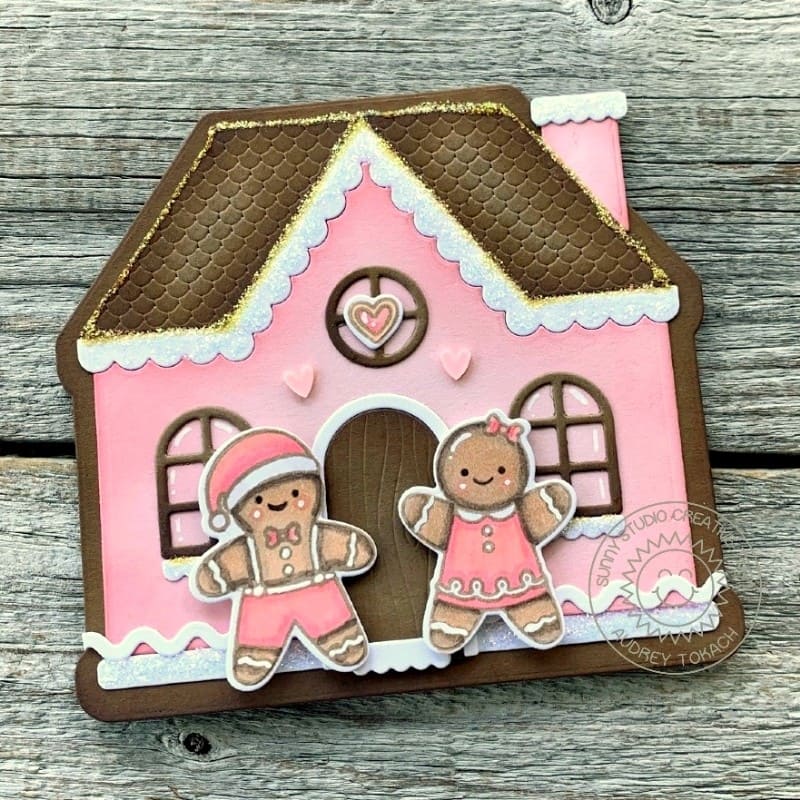 Sunny Studio Pink & Brown Gingerbread Girl & Boy Shaped House Holiday Card (using Christmas Cookies 2x3 Clear Stamps)
