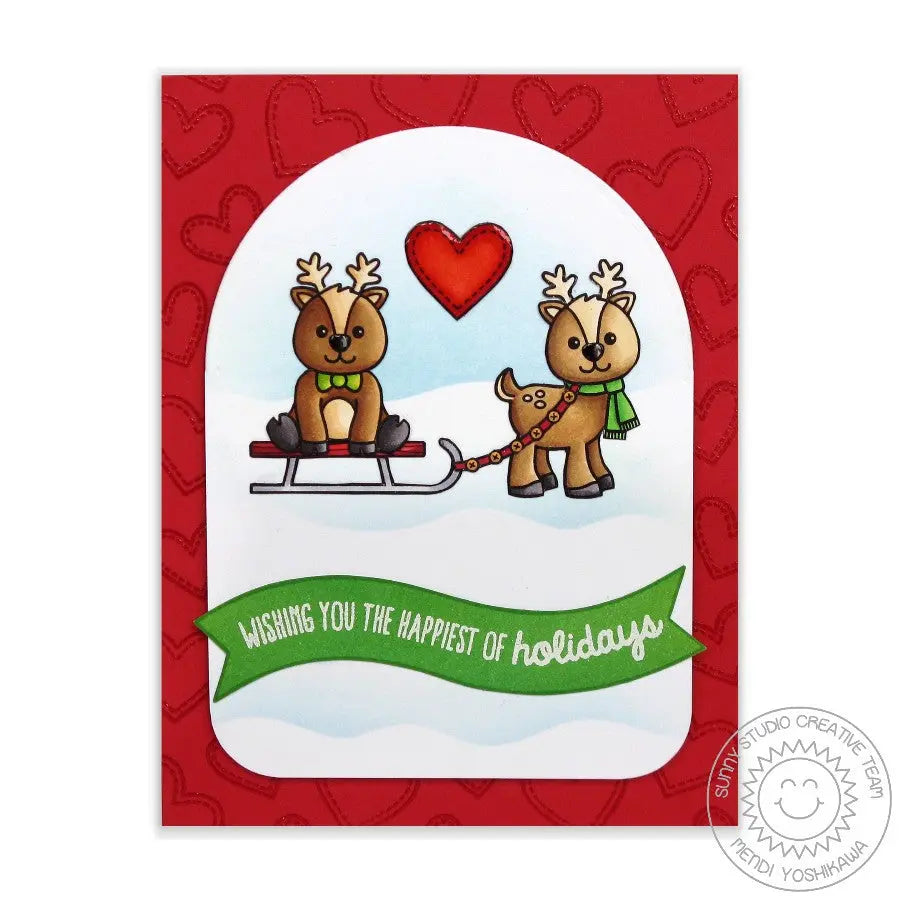 Sunny Studio Stamps Reindeer Pulling Sled Holiday Christmas Card with Snow Hill & Slopes using Wavy Border Metal Cutting Dies