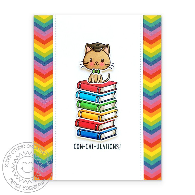 Sunny Studio Con-cat-ulations Punny Kitty on Stack of Rainbow Books Graduation Card using Grad Cat Clear Photopolymer Stamps