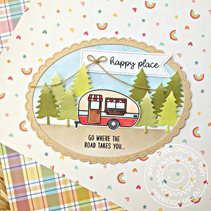 Sunny Studio Stamps Happy Camper Oval Shaped Card by Franci