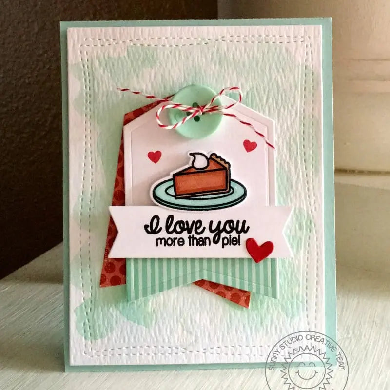 Sunny Studio I Love You More Than Pie Red & Aqua Tag Fall Card (using Harvest Happiness 4x6 Clear Stamps)