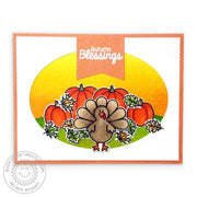 Sunny Studio Autumn Blessings Turkey with Fall Leaves & Pumpkins Oval Window Card (using Harvest Happiness 4x6 Clear Stamps)