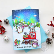 Sunny Studio Season's Greeting Penguins Riding Train Christmas Card (using Holiday Express 4x6 Clear Stamps)