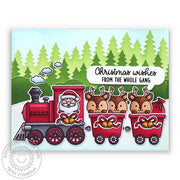 Sunny Studio Stamps Christmas Wishes From The Whole Gang Santa with Reindeer Train Card using Forest Trees 6" Layered Stencil