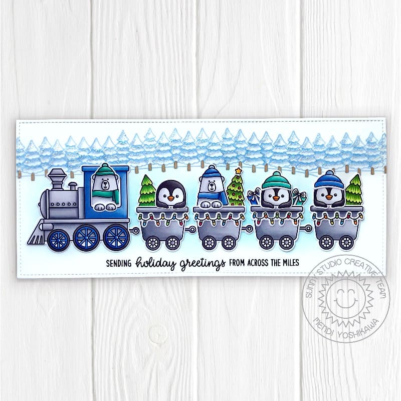 Sunny Studio Sending Holiday Greetings From Across The Miles Polar Bears & Penguins Slimline Train Card (using Holiday Express Clear Stamps)