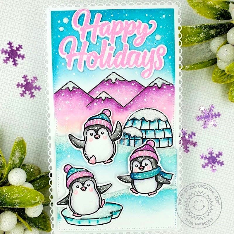 Sunny Studio Happy Holidays Penguins with Igloo, Ice Block & Purple Mountains Winter Card (using Penguin Pals Clear Stamps)