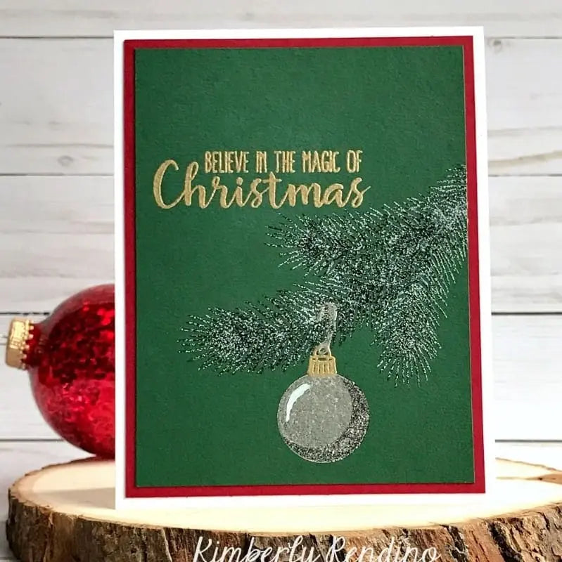 Sunny Studio Silver Glitter Embossed Ornament Hanging From Tree Branch Christmas Card (using Holiday Style 4x6 Clear Layering Stamps)
