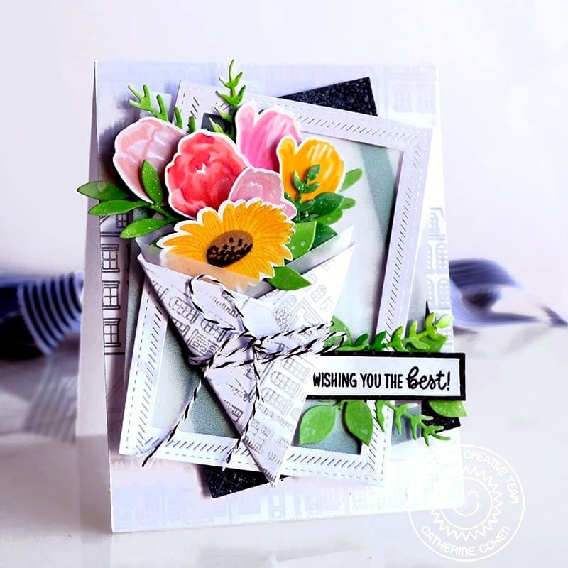 Sunny Studio Stamps Floral Flower Daisy & Tulip Bouquet Wishing You The Best Card (using Cheerful Daisies 4x6 Clear Stamps)
