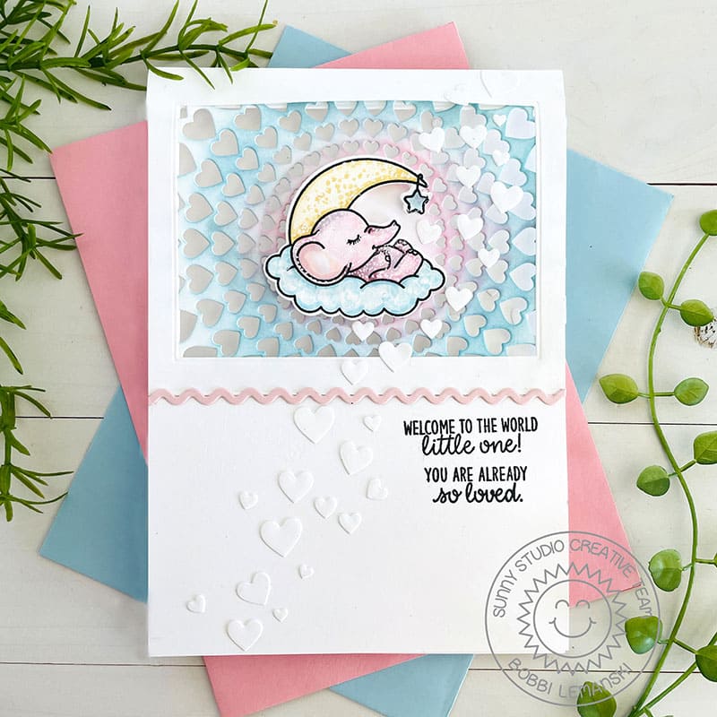 Sunny Studio Baby Elephant Sleeping in Moon & Clouds Bursting Hearts Card (using Inside Greetings Congrats Clear Stamps)