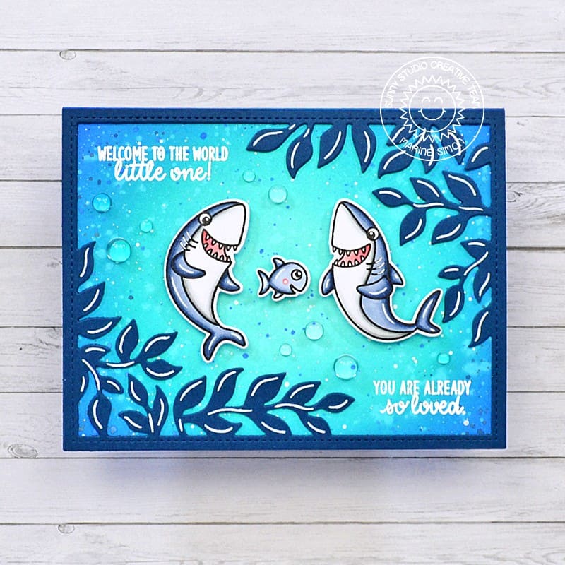 Sunny Studio Welcome To the World Little One Baby Shark Navy Blue Card (using Inside Greetings Congrats Clear Sentiment Stamps)