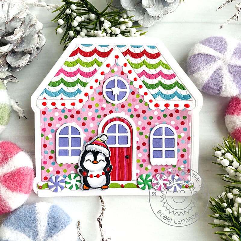 Sunny Studio Stamps Penguin Decorating Gingerbread House Christmas Card (using Joyful Holiday 6x6 Patterned Paper Pad)
