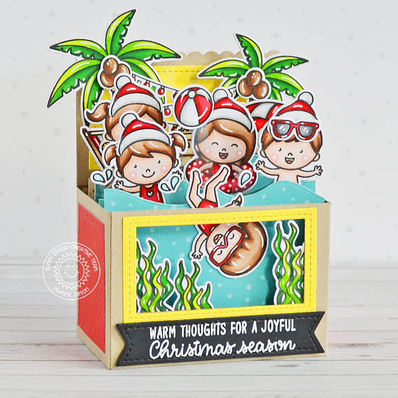 Sunny Studio Santa Kids Playing on the Beach Pop-up Box Tropical Summer Christmas Card (using Kiddie Pool 4x6 Clear Stamps)