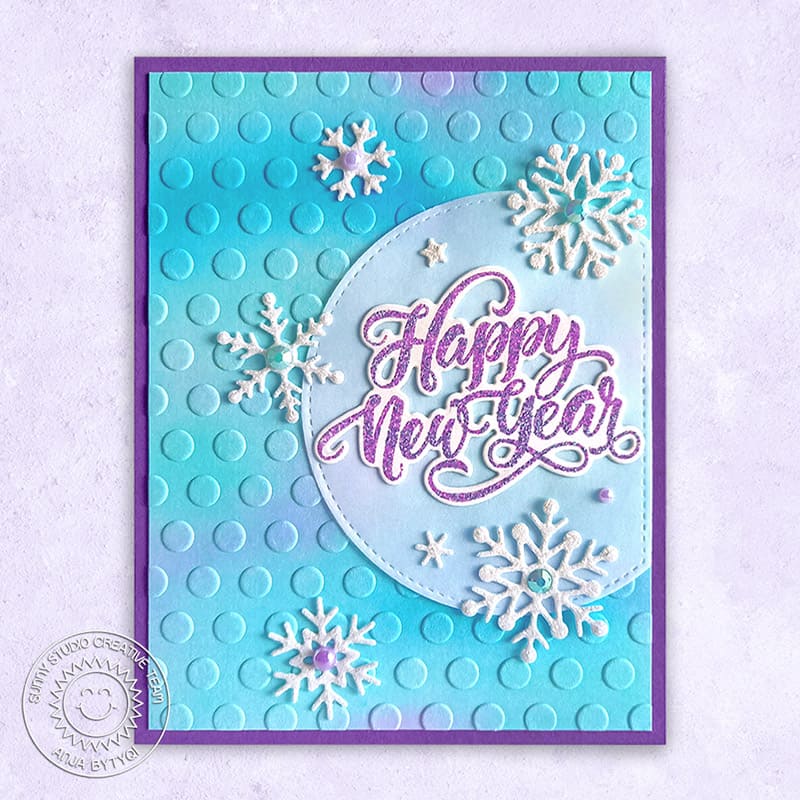 Sunny Studio Stamps Purple & Aqua Blue Happy New Year Snowflake Holiday Card (using Lots of Dots Polka-dot 6x6 Embossing Folder)