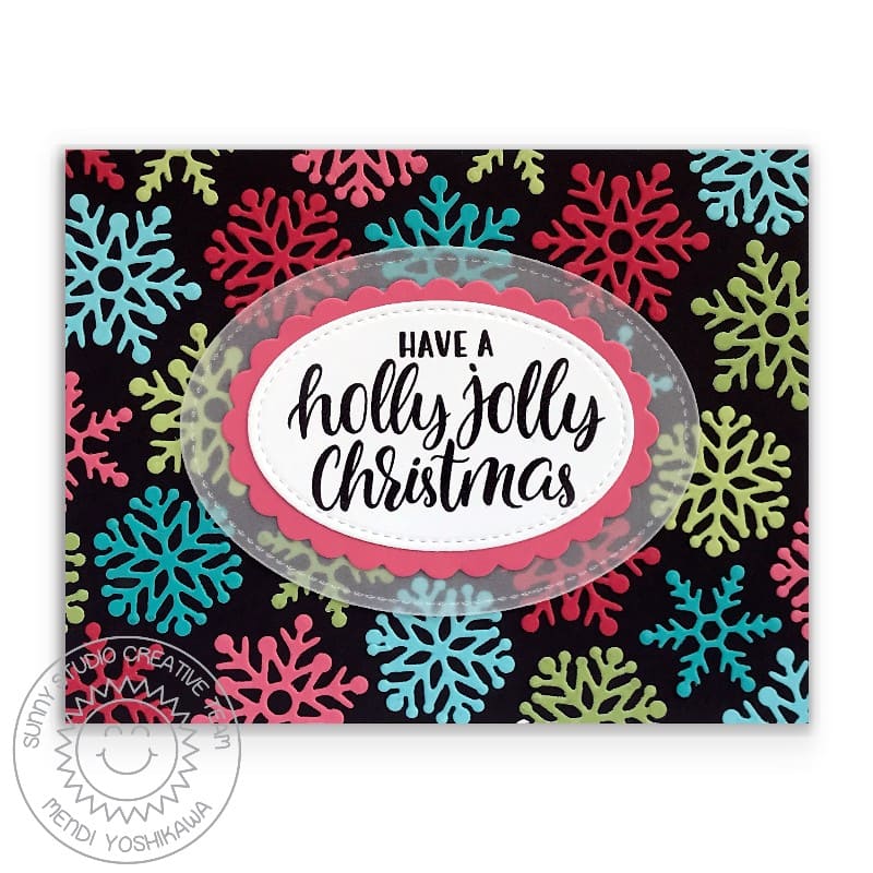 Sunny Studio Stamps Holly Jolly Christmas Colorful Snowflake Black Background Card using Stitched Oval 2 Metal Cutting Dies