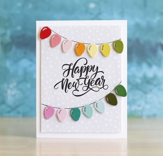 Sunny Studio Happy New Year Rainbow Holiday String of Lights Card (using Season's Greetings Clear Sentiment Stamps)