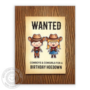 Sunny Studio Wood Embossed Wanted Poster Cowboy & Cowgirl Kid's Birthday Invitation Card using Little Buckaroo Clear Stamps