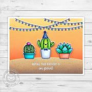 Sunny Studio Punny Cactus Hoping Your Birthday is On Point Card with hanging string of lights using Scenic Route Clear Stamp