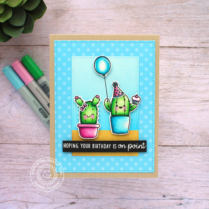 Sunny Studio Blue Polka-dot Cactus with Balloon Hoping Your Birthday is On Point Punny Card (using Looking Sharp 3x4 Clear Stamps)