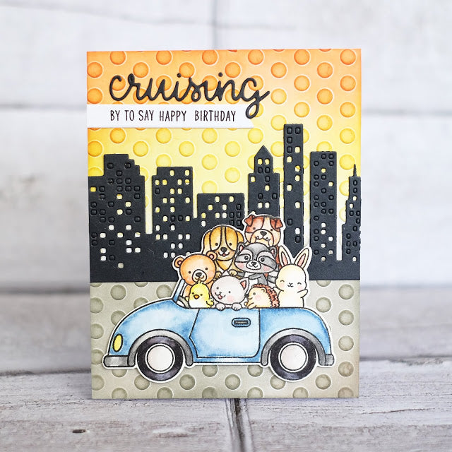 Sunny Studio stamps Cruising By To Say Happy Birthday Polka-dot Embossed City Card (using Cityscape Border Die)