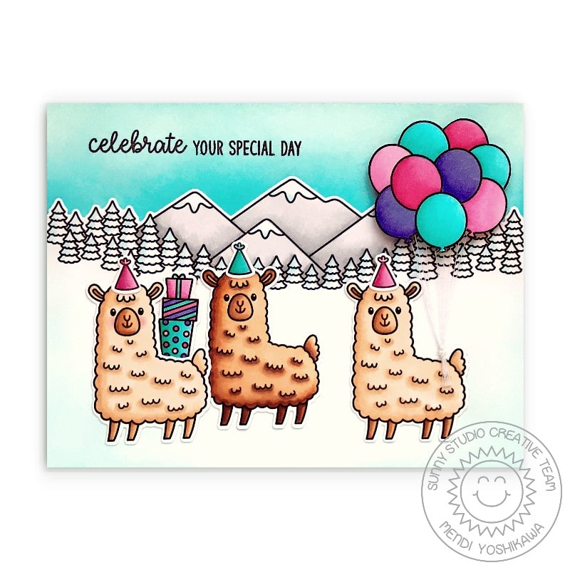 Sunny Studio Llama Birthday Card with Balloons & Party hats and mountain border Card (using Country Scenes 4x6 Clear Stamps)
