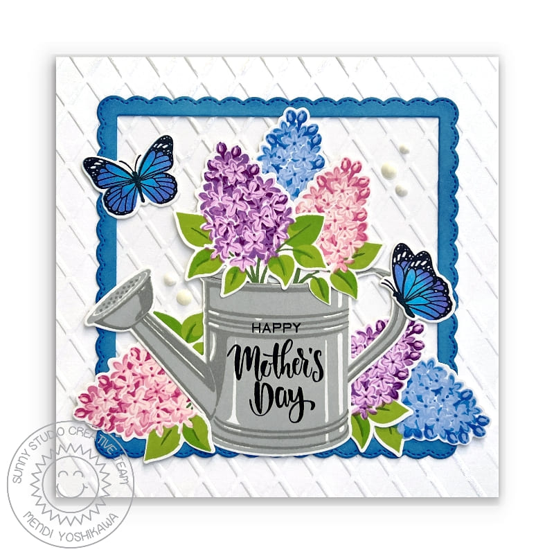Sunny Studio Lilacs & Butterflies Square Happy Mother's Day Card (using Watering Can 4x6 Layering Clear Stamps)