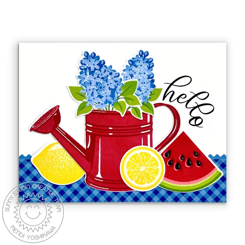 Sunny Studio Red, White & Blue Watering Can, Lemons & Watermelon Gingham Card (using Lovely Lilacs 4x6 Clear Stamps)