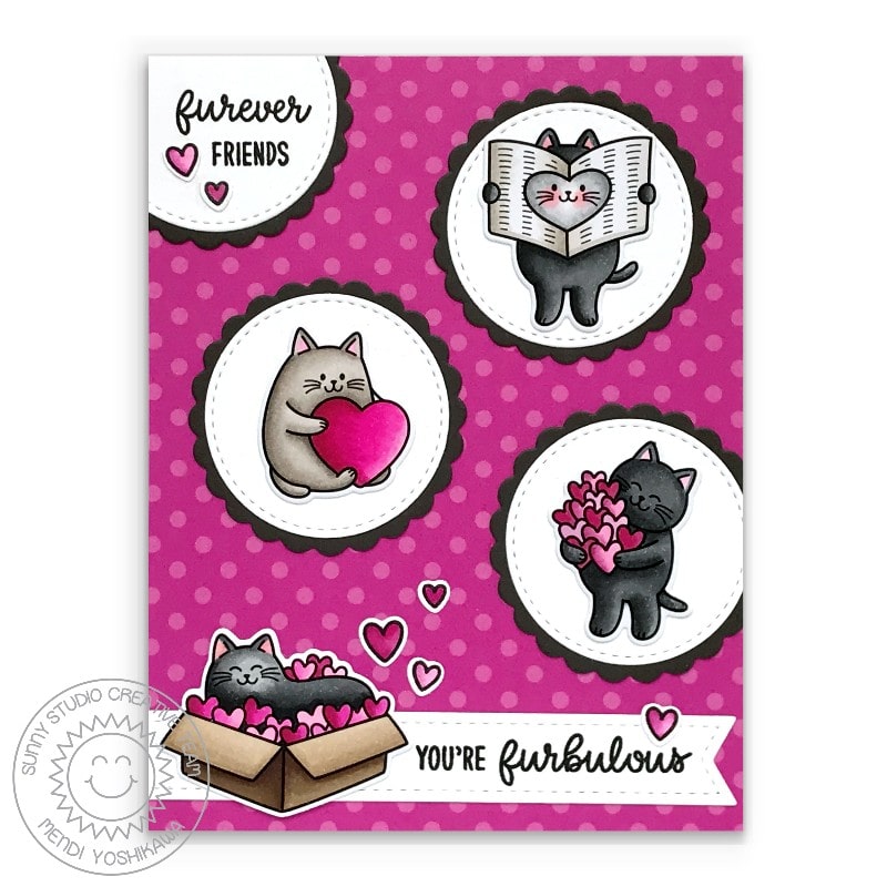 Sunny Studio Stamps Hot Pink Polka-dot Punny Cat Furbulous Friends Card using Scalloped Circle Mat 1 Metal Cutting Dies