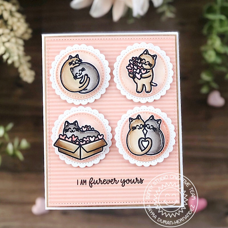 Sunny Studio Stamps Peach Striped Love Themed Kitty Cat Grid Style Card (using Scalloped Circle Mat 1 Metal Cutting Dies)