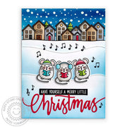 Sunny Studio Stamps Have A Merry Little Christmas Caroling Mice with Dark Snowy Neighborhood House Scene Holiday Card