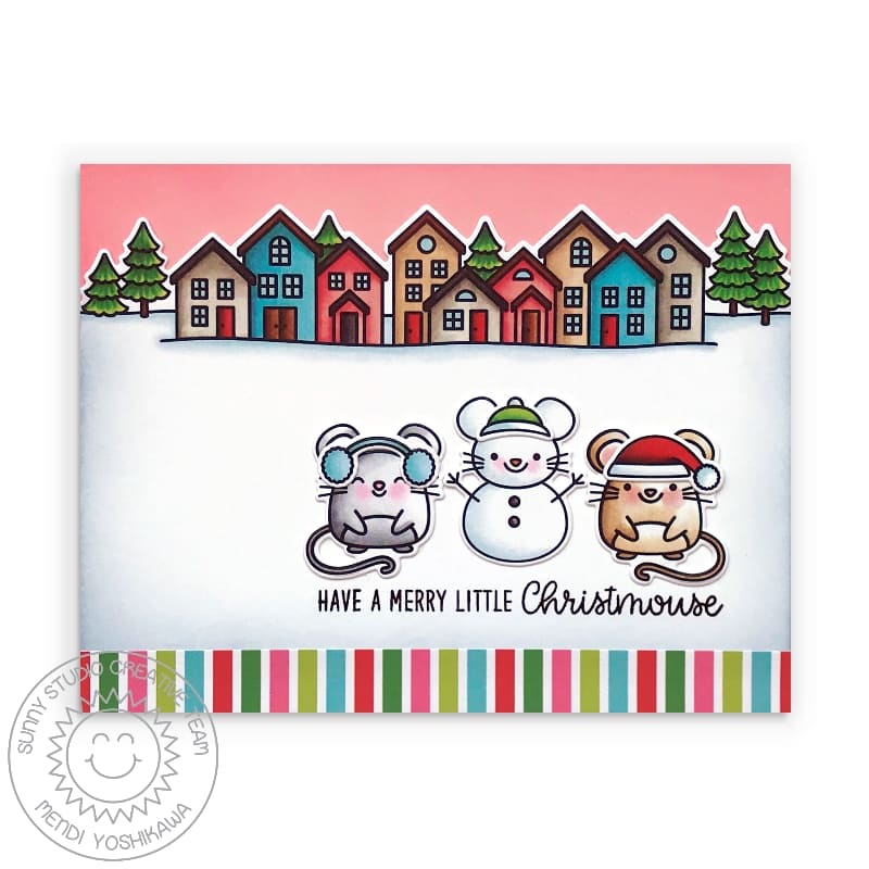Sunny Studio Stamps Merry Mice Mouse Making Snowman with Neighborhood Houses Handmade Holiday Christmas Card
