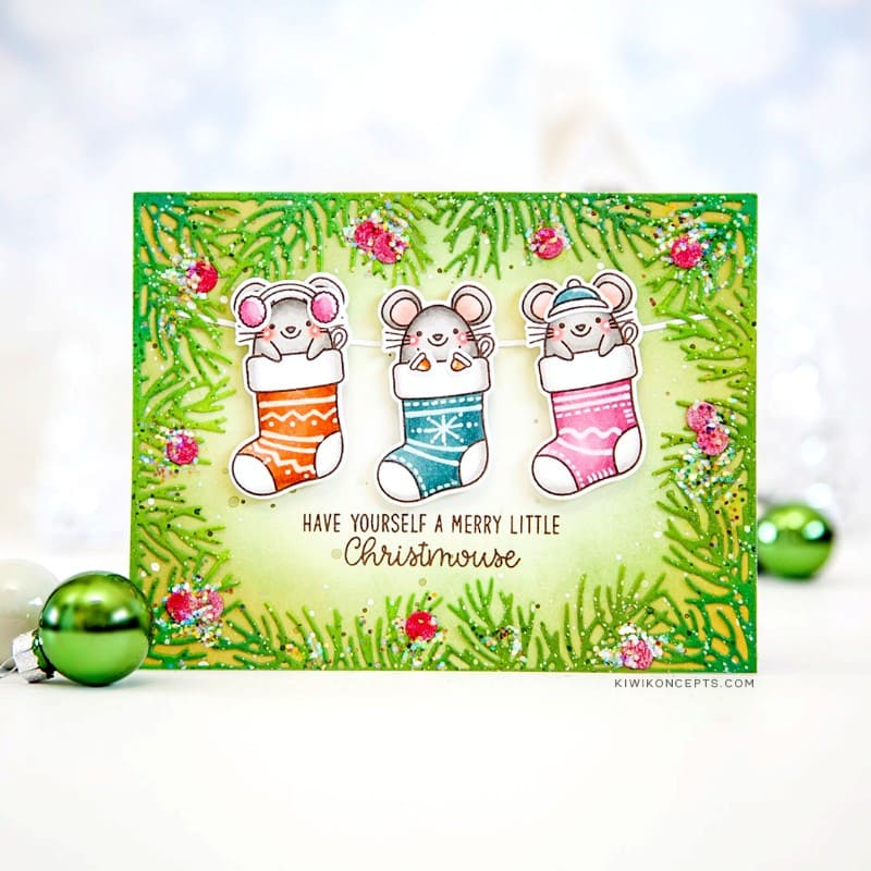 Sunny Studio Stamps Have A Merry Little Christmas Mice in Stockings Holiday Card using Christmas Garland Frame Cutting Dies