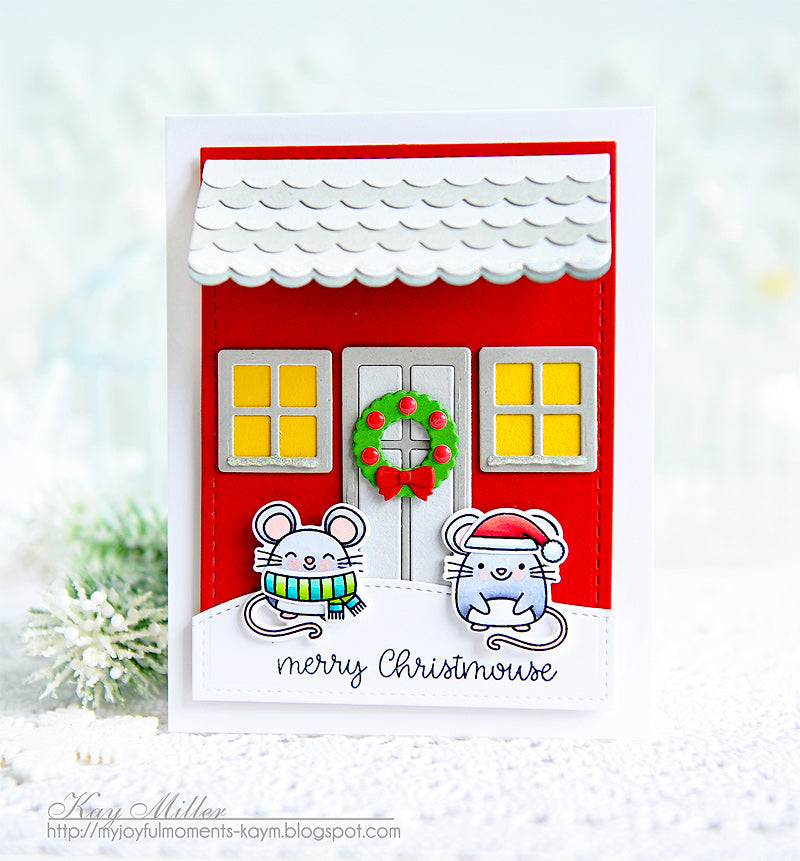 Sunny Studio Christmas Mouse House Holiday Card by Kay Miller (using Merry Mice Stamps and Sweet Treats House Add-on Dies)