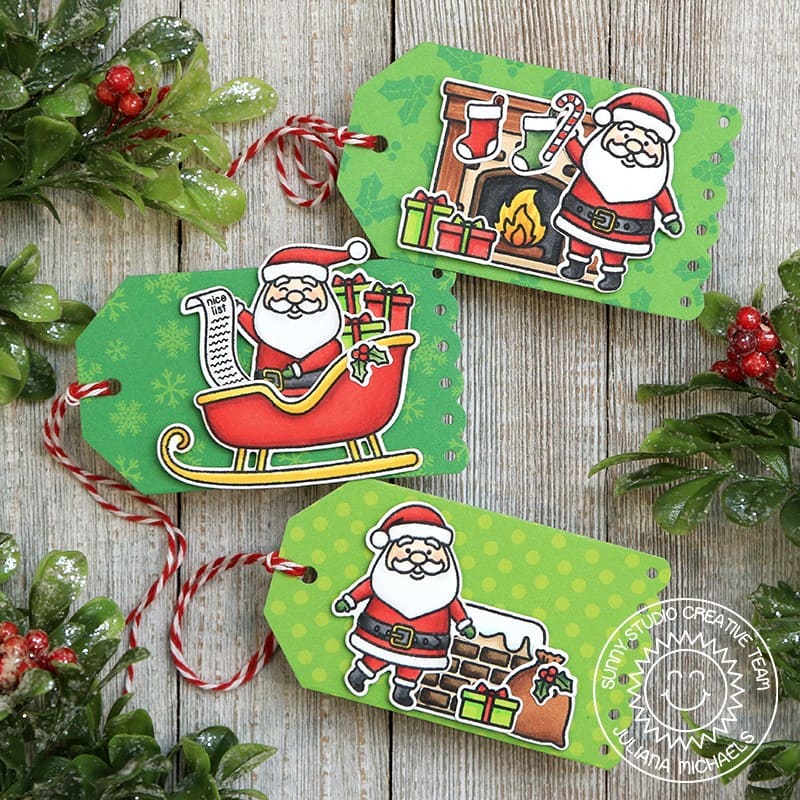 Sunny Studio Green & Red Christmas Holiday Gift Tags by Juliana Michaels (using Santa Claus Lane 4x6 Clear Stamps)