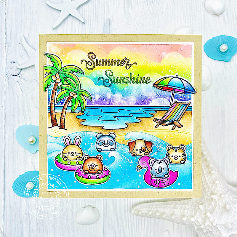 Sunny Studio Critters Floating in Ocean with Rainbow Sky Square Summer Card (using Beach Buddies Clear Stamps)