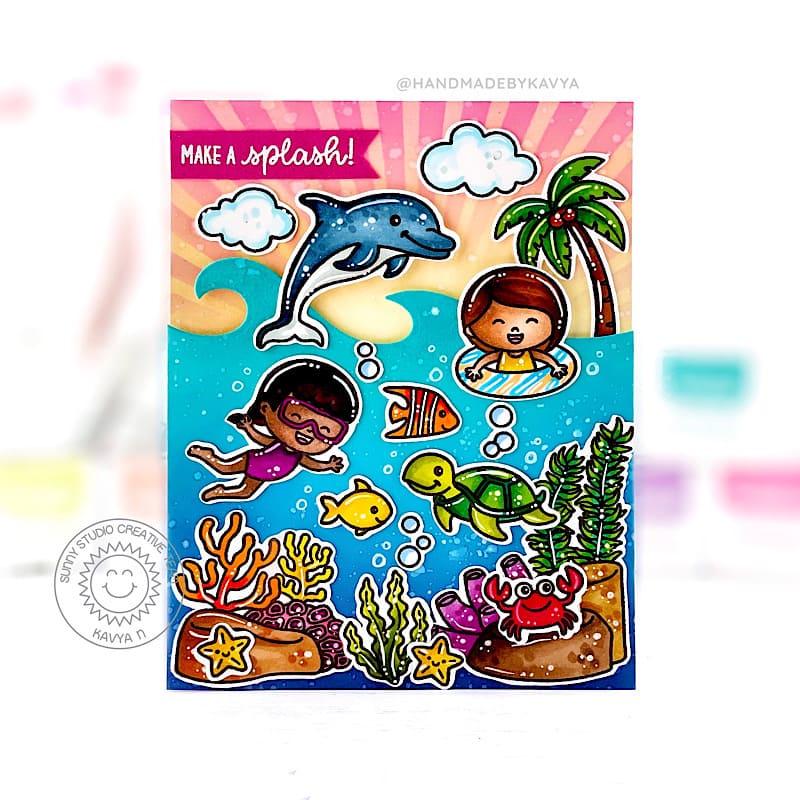 Sunny Studio Kids Snorkling and Tubing in Ocean Waves with Fish Summer Card (using Kiddie Pool 4x6 Clear Stamps)