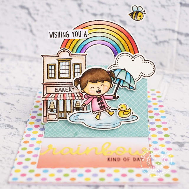 Sunny Studio Stamps Over The Rainbow Girl with Umbrella Pop-up Card (featuring Sliding Window Dies)
