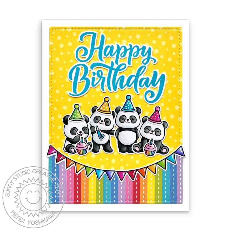 Sunny Studio Rainbow Striped Panda Birthday Card (using Big Bold Greetings 4x6 Clear Sentiment Stamps)