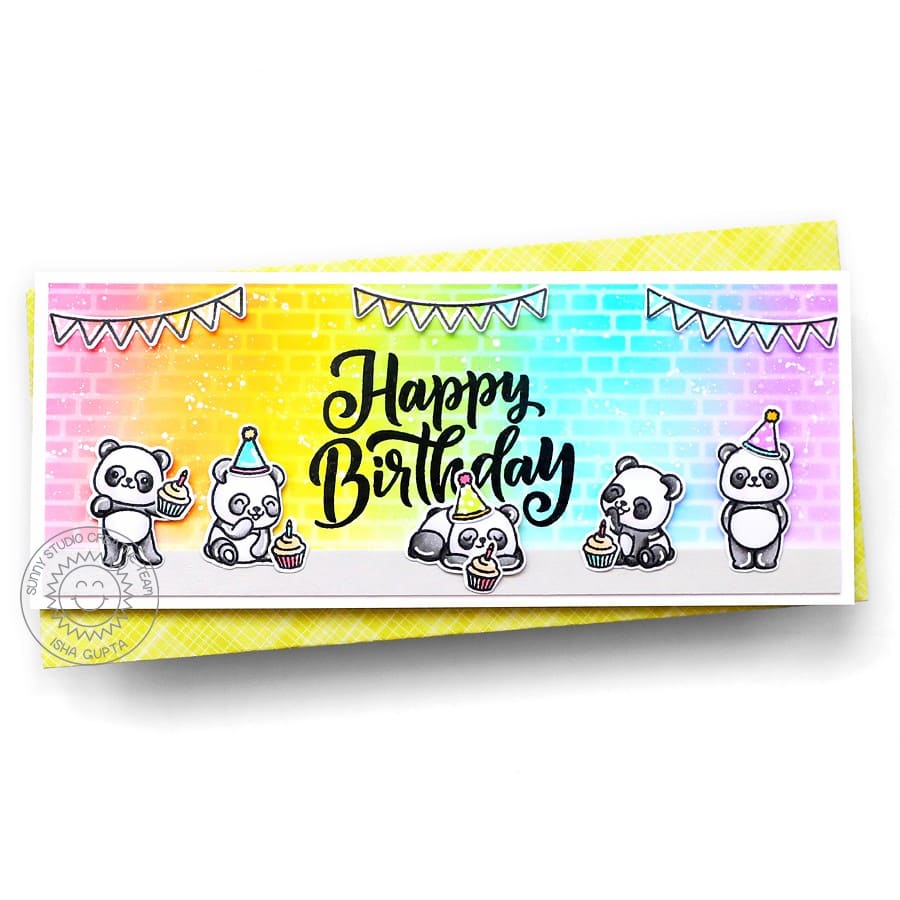 Sunny Studio Panda Bears Party with Rainbow Brick Background Slimline Birthday Card using Panda Party 4x6 Clear Stamps