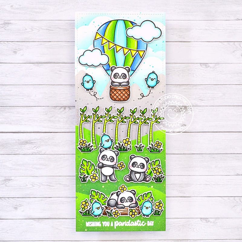 Sunny Studio Panda Bear In Hot Air Balloon with Birds & Clouds Slimline Birthday Card (using Panda Party 4x6 Clear Stamps)