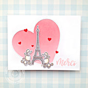 Sunny Studio Stamps Pink French Poodle with Eiffel Tower Heart Window Merci Thank You Card using Stitched Heart Cutting Dies