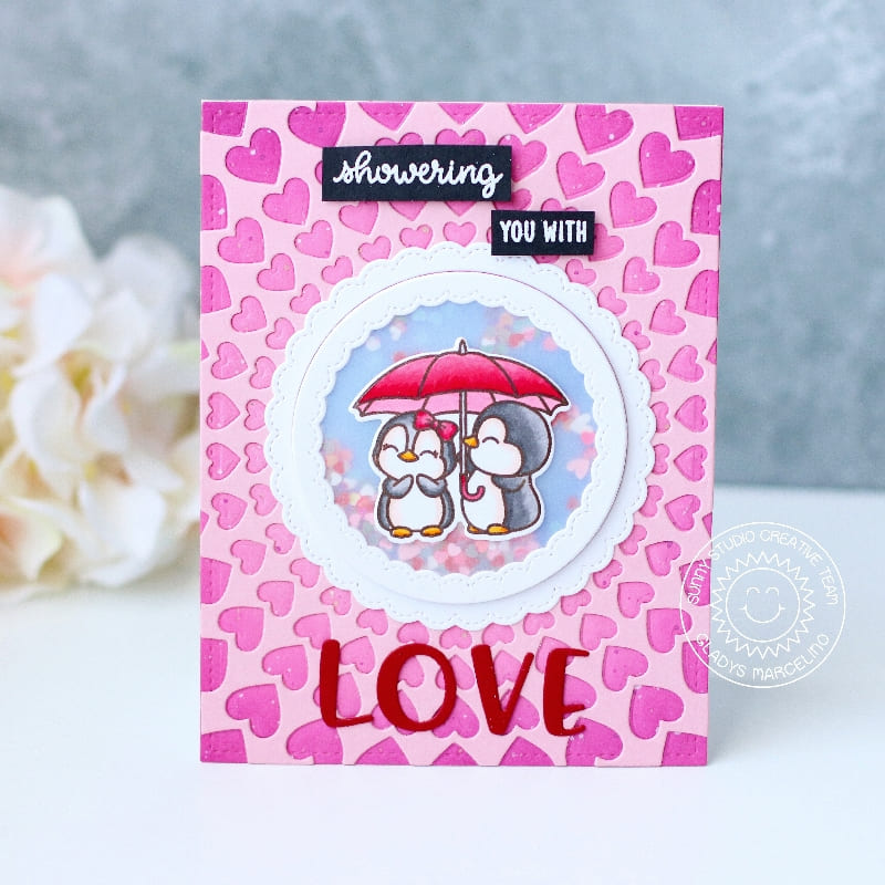 Sunny Studio Stamp Showering You with Love Penguins Umbrella Valentine's Day Shaker Card using Bursting Heart Background Die