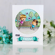 Sunny Studio Girl & Boy at the Park with Bench & Butterflies Handmade Card using Spring Showers Clear Photopolymer Stamps