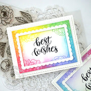 Sunny Studio Rainbow Peony Scalloped Border Handmade Best Wishes Card using Pink Peonies 4x6 Clear Photopolymer Stamps